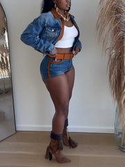 Retro Contrast Color Patchwork Denim Jacket Shorts Set