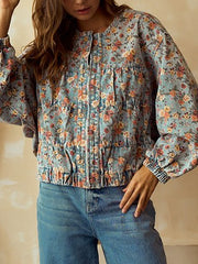 Vintage Round Collar Print Batwing Sleeve Denim Jacket