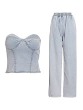Casual Strapless Denim Top And Pants Two Piece Set