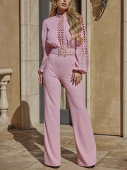 Elegant Lace Patchwork Long Sleeve Belted Jumpsuit