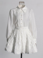 Fashion Lace Trim Collar Button A-Line Skirt Sets