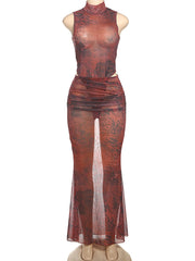 Sexy Print Sleeveless Bodysuit Long Skirt Set