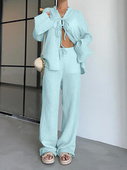 Casual Cardigan Lace-up Shirt Loose Pants Sets