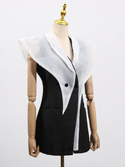 Fashion Mesh Patchwork Sleeveless Slim Blazer