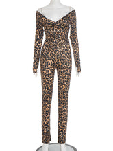 Sexy Off Shoulder V Neck Leopard Print Skinny Pant Set