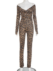 Sexy Off Shoulder V Neck Leopard Print Skinny Pant Set