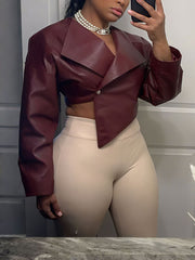 Sexy Cross Neck Irregular PU Leather Crop Jacket