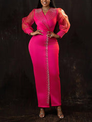 Sexy V Neck Sheer Mesh Sleeve Bodycon Dress