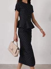 Polka Dot Print Slim Shirt High Waist Midi Skirt Set