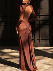 Elegant High Collar Cutout Ruched Maxi Dress