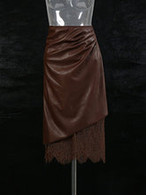 Lace Hem Faux Leather Ruched Midi Skirt