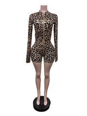 Sexy Leopard Print Zipper Top Stretch Shorts Sets