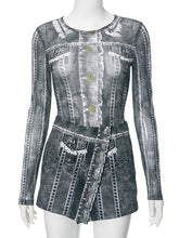 Imitation Denim Print Sheer Mesh Two-piece Sets