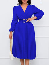 Solid Color V Neck Pleated Dress