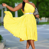 Sloping Shoulder Belt Pleat Dress