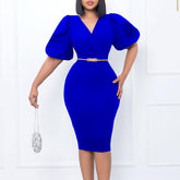 V Neck Puff Sleeves Wrap Hip Dress