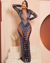 Rhinestone Print Hollow out Dress