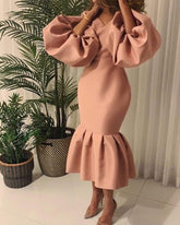 V Neck Puff Sleeves Fishtail Dress