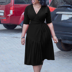 V Neck Short Sleeve Pleated Dress