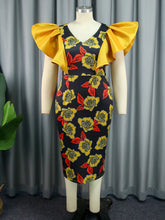 V Neck Print Ruffles Hip Wrap Dress