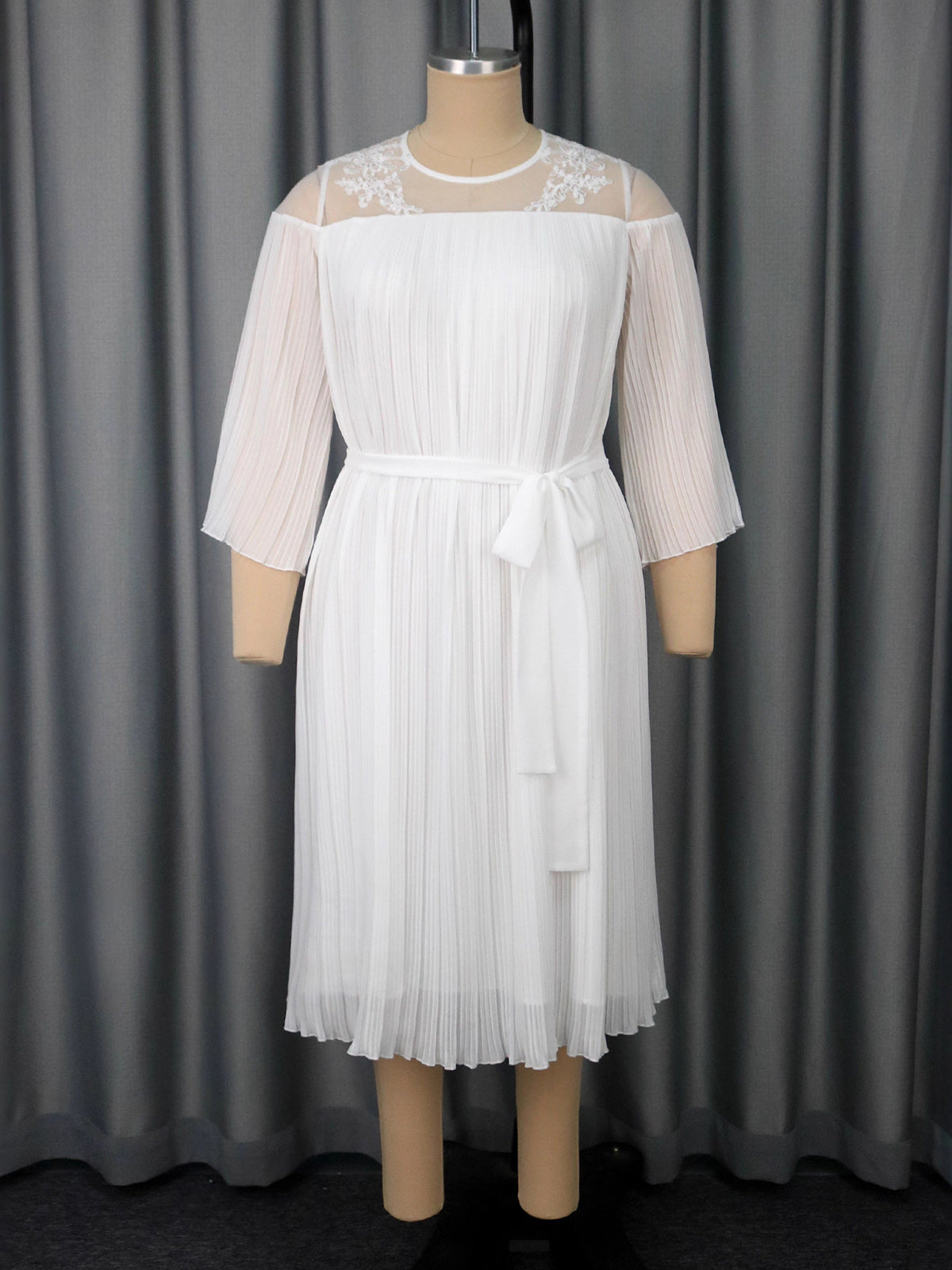 Elegant O Neck Sheer Mesh Ruffle Bandage Midi Dress