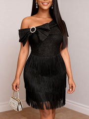 Elegant Slash shoulder Rhinestone Bow Fringe Midi Dress