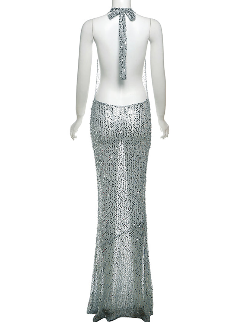 Sexy Sequin Halter Neck See Through Maxi Dress