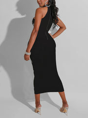 High Neck Sleeveless Rhinestone Mesh Midi Dress