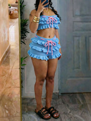 Casual Ruffles Knits Tie Up Beach Two Piece Set