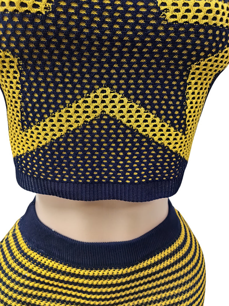 Sexy Knit Geometric Contrast Color Vest Skirt Sets