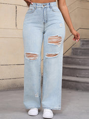 Casual High Waist Ripped Straight Leg Jeans