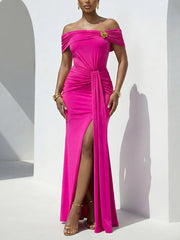 Elegant Off Shoulder Ruched Slit Maxi Dress