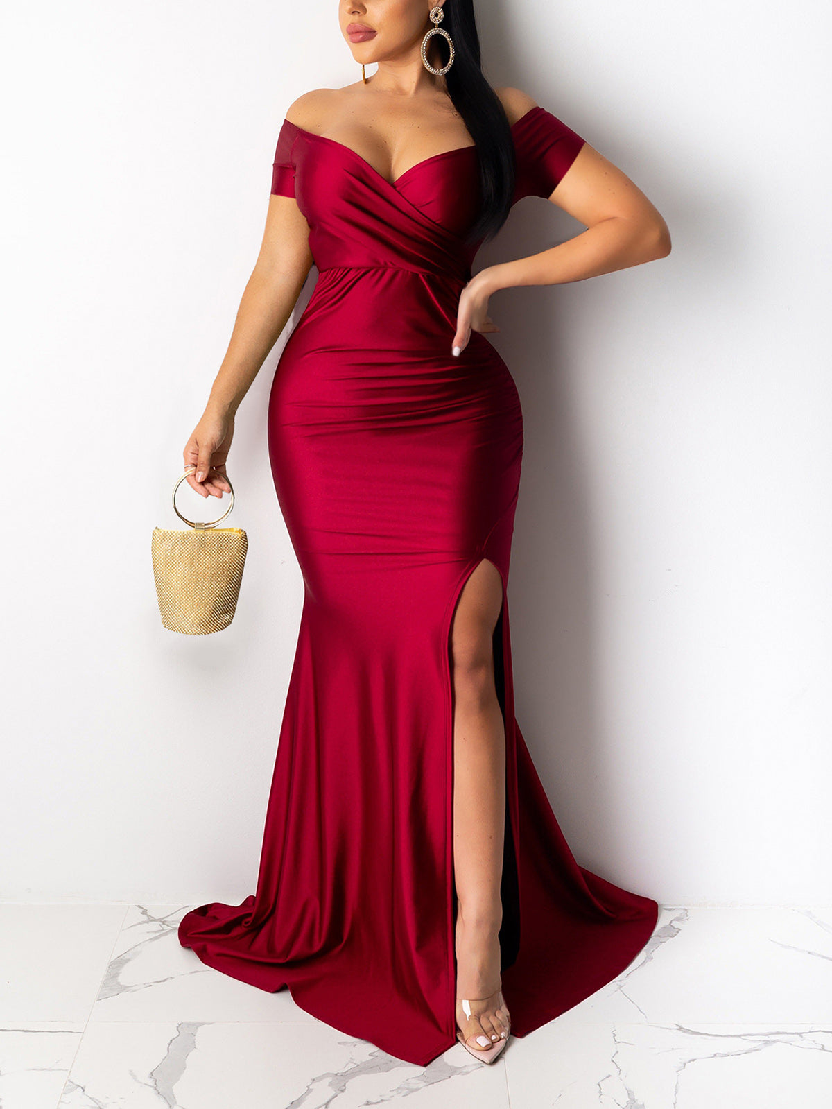 Elegant Off Shoulder Ruched Split Evening Dress