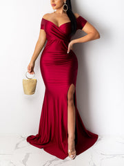 Elegant Off Shoulder Ruched Split Evening Dress