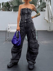 Sexy Strapless Multi-pocket Denim Jumpsuit