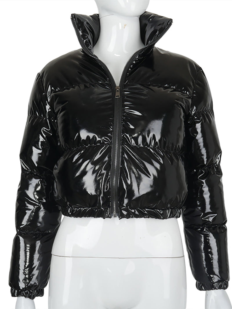 Fashion Lustrous PU Leather Cropped Puffer Coat