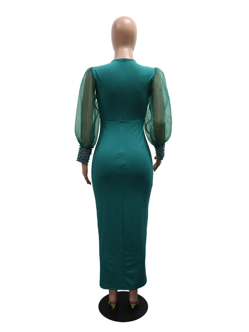 Sexy V Neck Sheer Mesh Sleeve Bodycon Dress