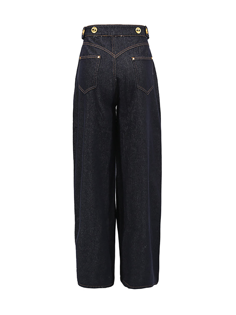 Solid Spliced Button High Waist Straight Jeans