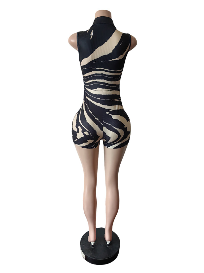 Sexy Sleeveless Print Ribbed Zipper Stretch Romper