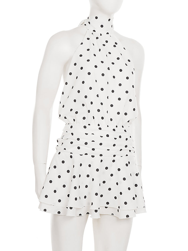 Sexy Polka Dot Print Halter Lace-up Backless Mini Dress