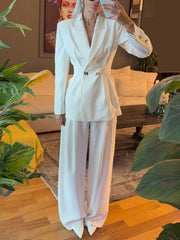 Fashion Cinched Waist Blazer Straight Pants Suit