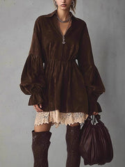 Fashion V Neck Puff Sleeve Lace Patchwork Slim Dress