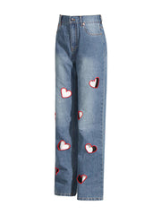 Fashion Embroidered Heart Cutout Jean