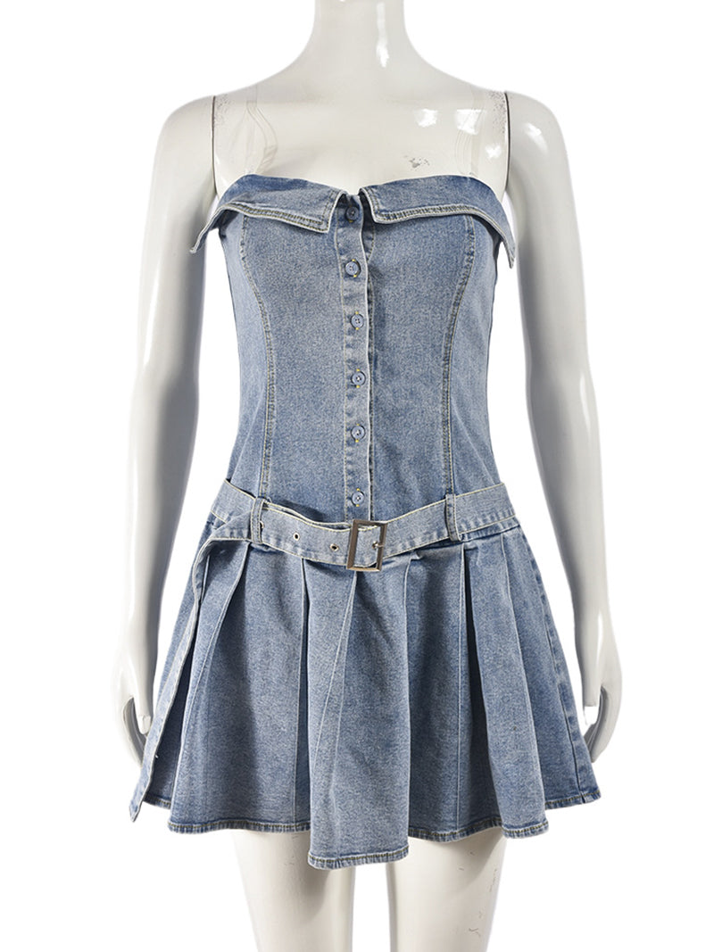 Pleated Belt Strapless Denim Mini Dress