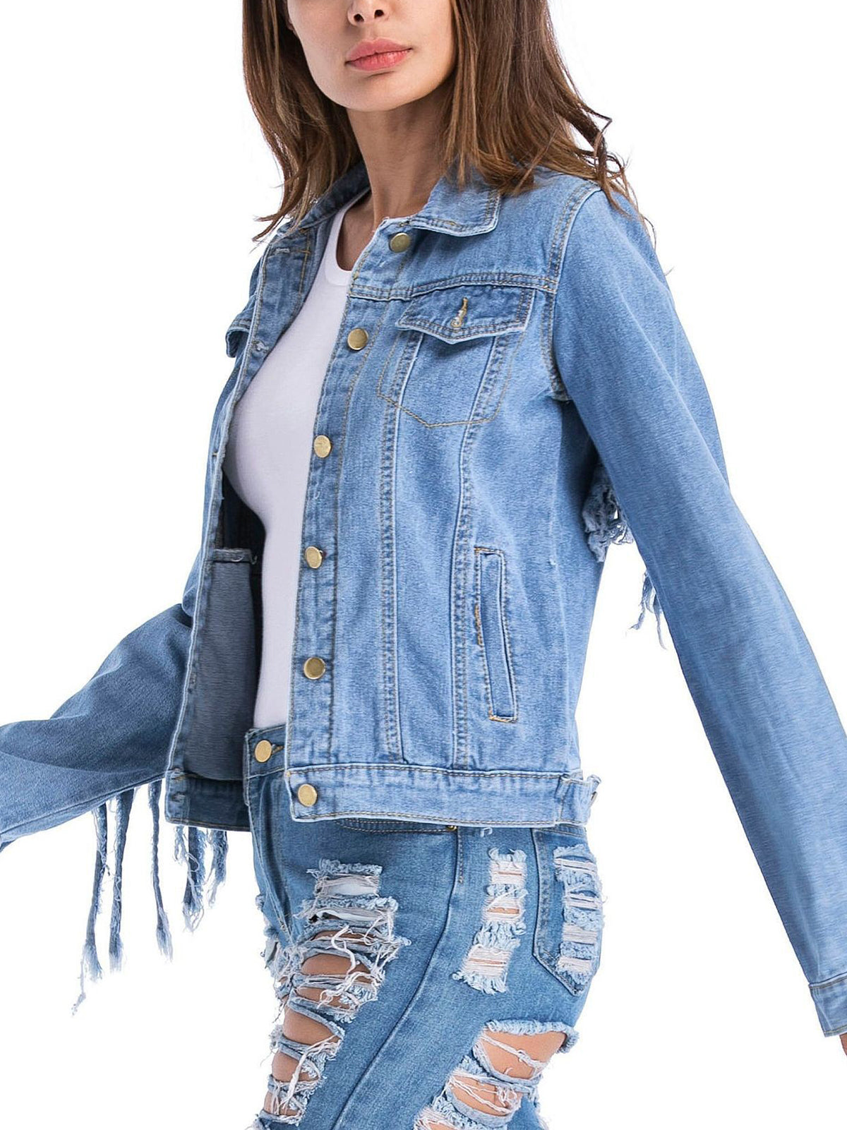 Raw Edge with Fringe Detail Denim Jacket