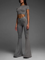 Solid Color Crop Top And Flare Pants Two-Piece Set