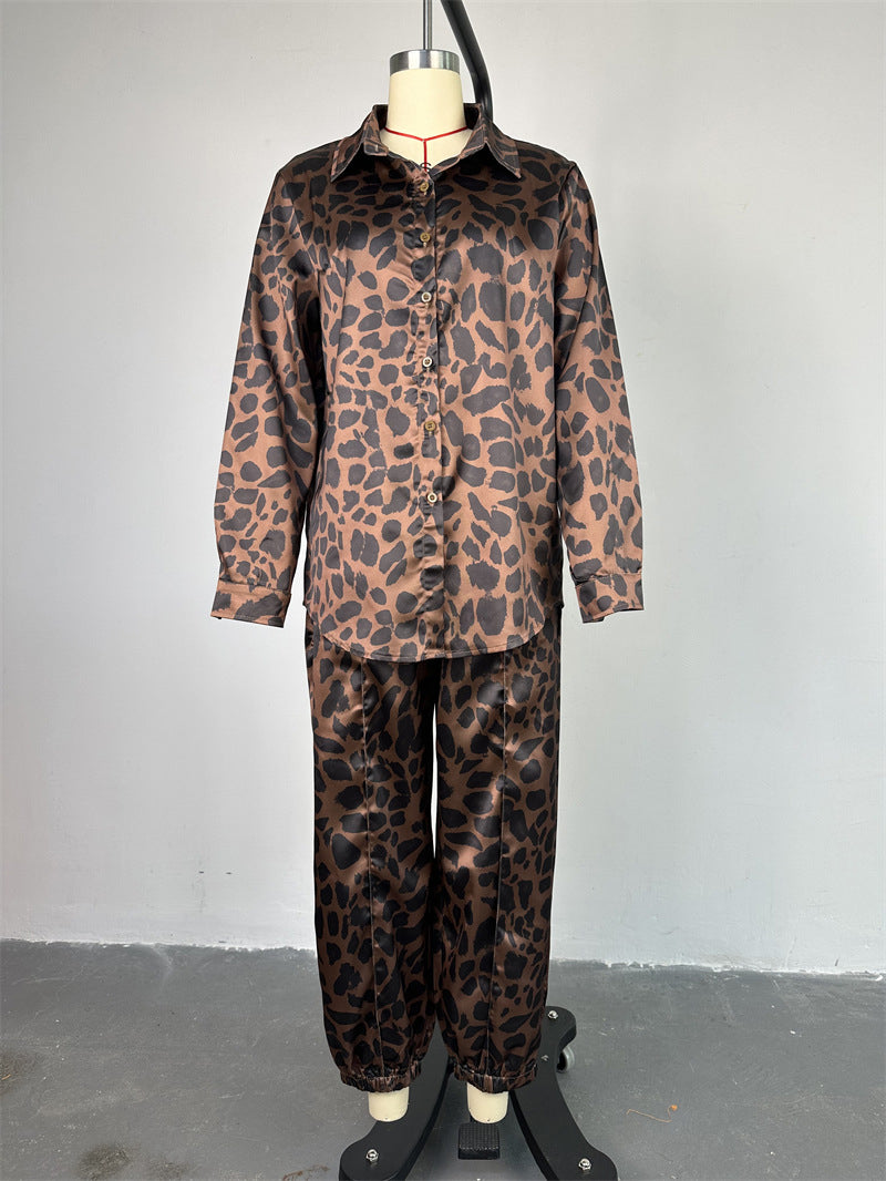 Vintage Leopard Print Shirt And Slim Pants Set