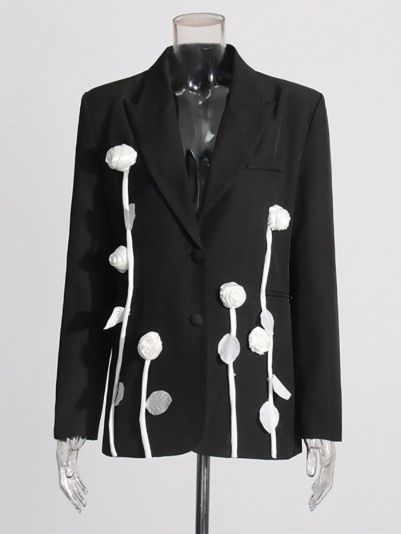 Long Sleeve Single Breasted Patchwork 3D Flowers Blazer