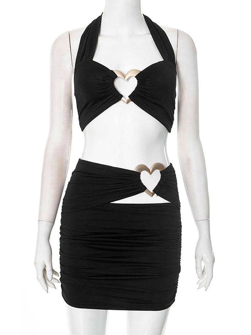 Sexy Heart Gold Trim Halter Crop Top And Skirt Sets