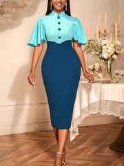 Color Block Patchwork Ruffles Sleeve Bodycon Midi Dress
